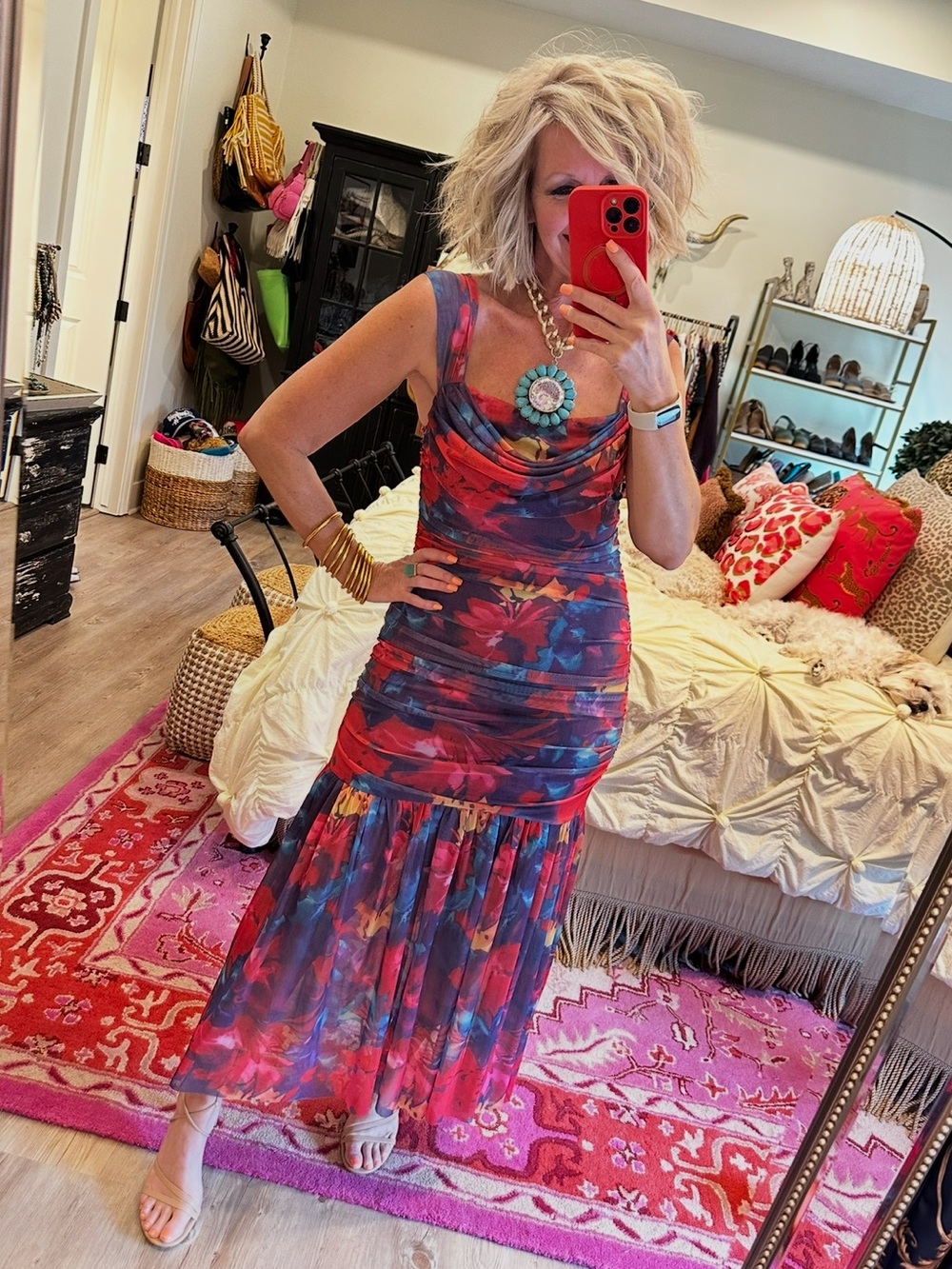Amazon Pink Floral Mesh Maxi Dress with Blue Accents